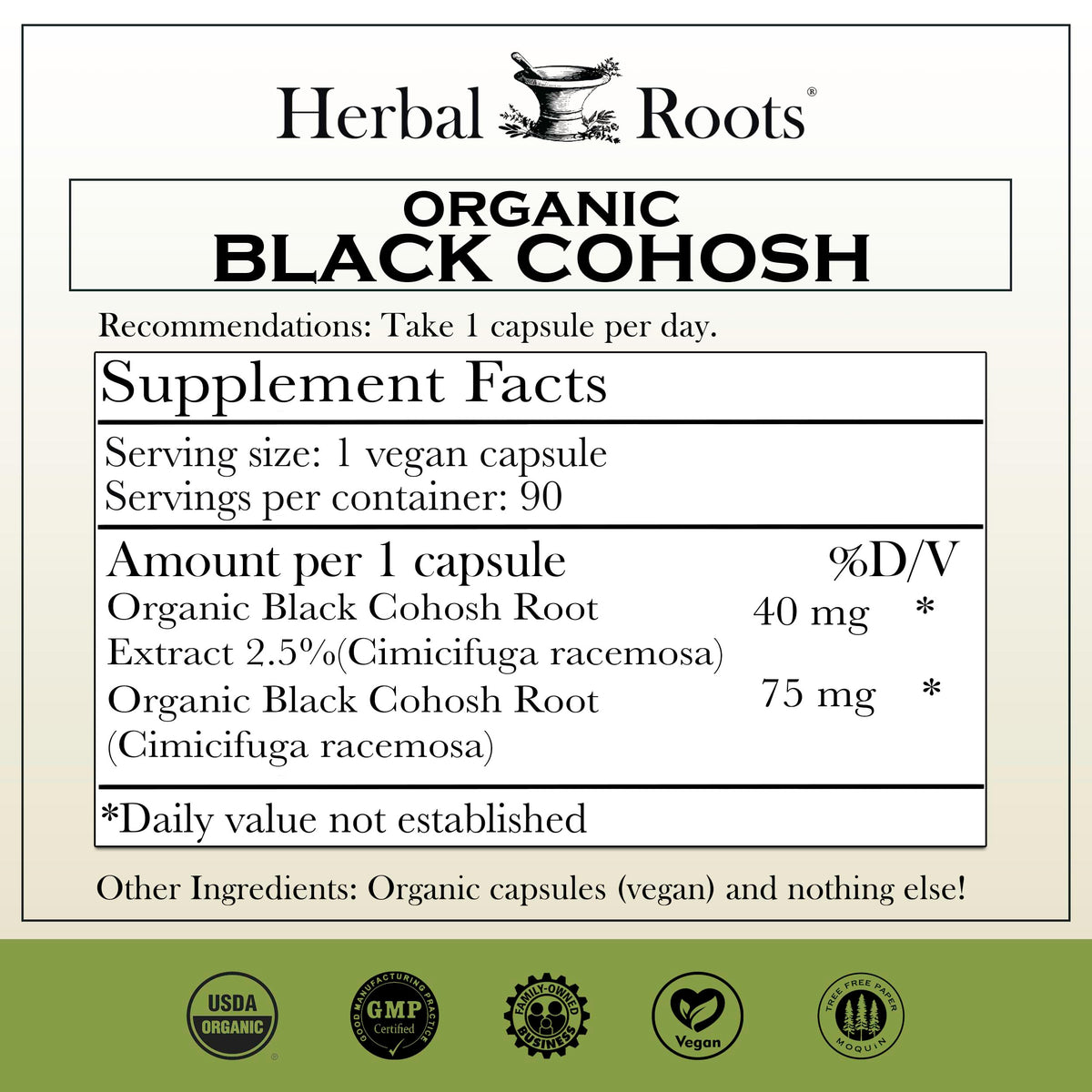 Herbal Roots capsules de racine de cimicifuga bio - vue arrière avec informations nutritionnelles