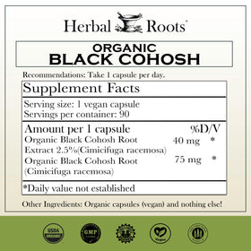 Herbal Roots capsules de racine de cimicifuga bio - vue arrière avec informations nutritionnelles
