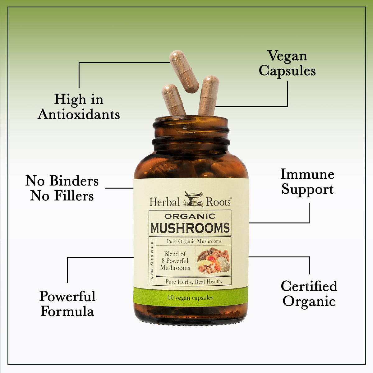 Herbal Roots capsules sur une table en bois