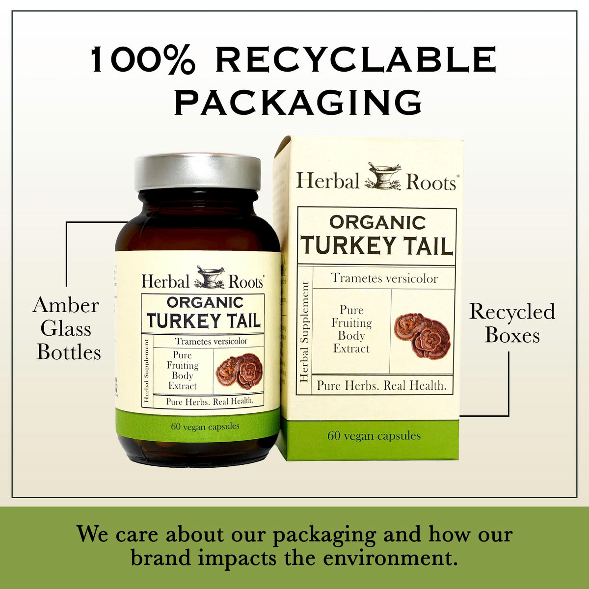 Herbal Roots Complément Alimentaire Champignon Turkey Tail 60 Capsules sur une table