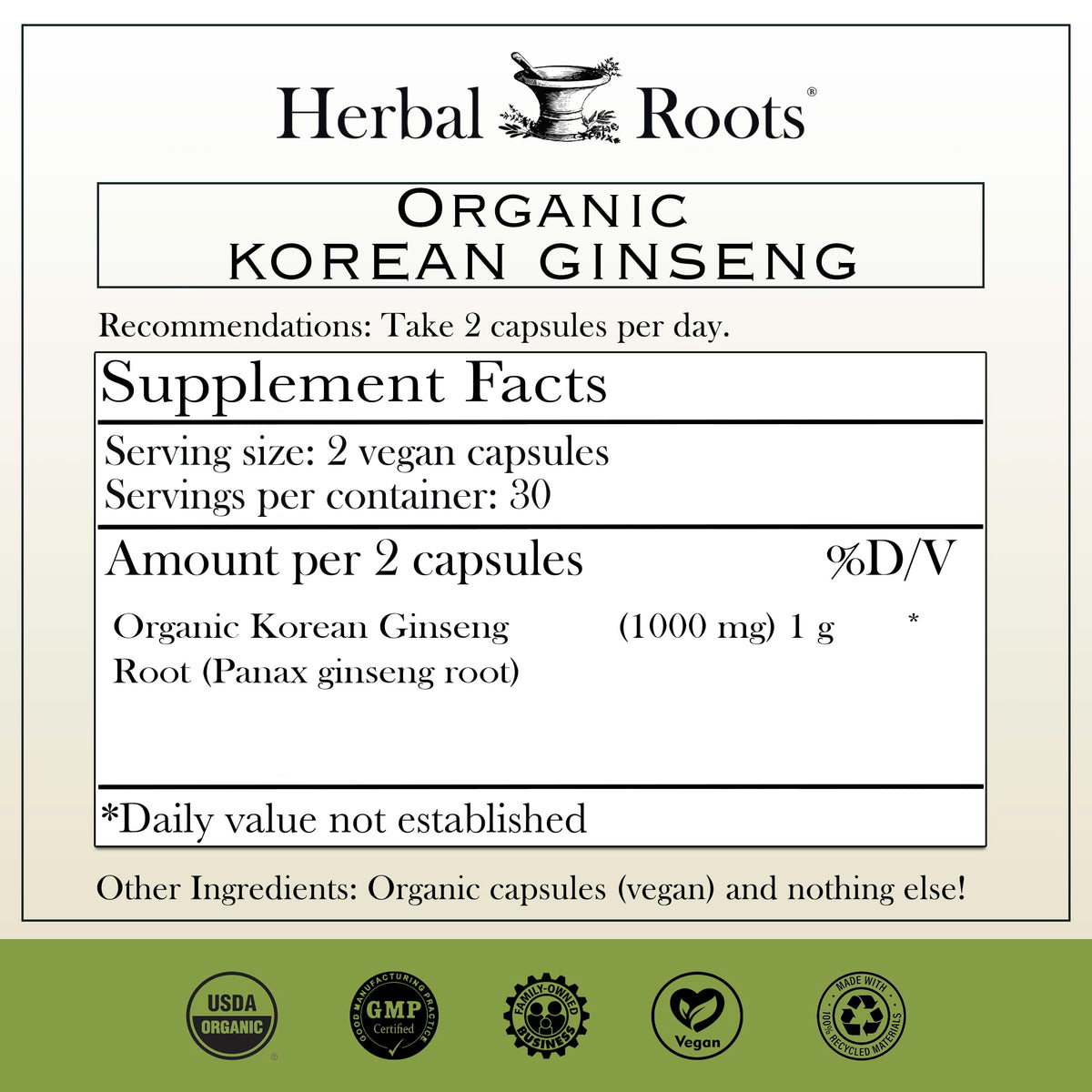 Herbal Roots Ginseng Coréen 1000mg capsules side view