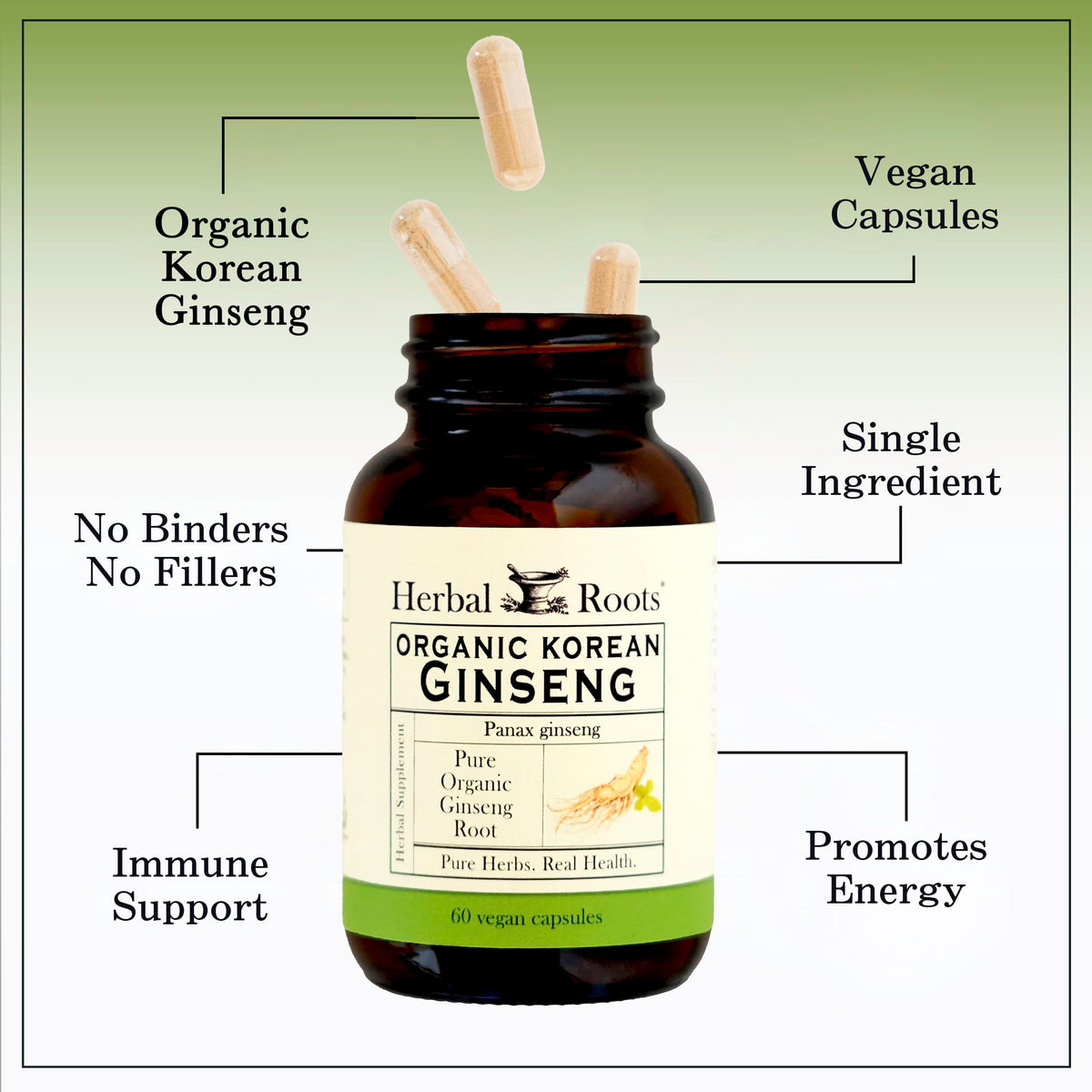 Herbal Roots Ginseng Coréen 1000mg capsules with measuring spoon