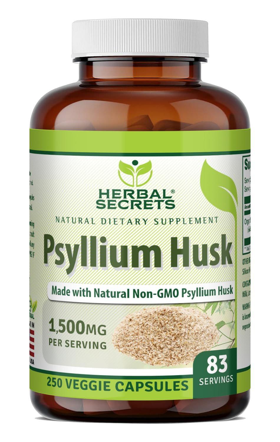 Herbal Secrets Complément Alimentaire Psyllium 500 mg Gélules Végétales 250 Count