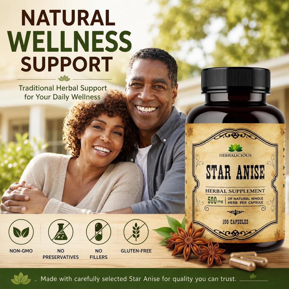 HERBALICIOUS Étoile de Badiane 1000mg 100 Capsules - capsules à l'extérieur du flacon