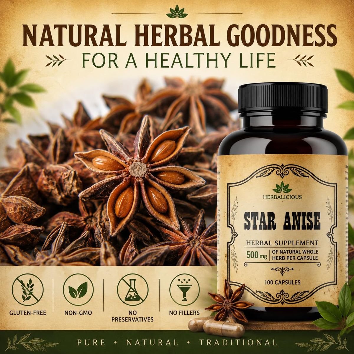 HERBALICIOUS Étoile de Badiane 1000mg 100 Capsules - présentation sur une table
