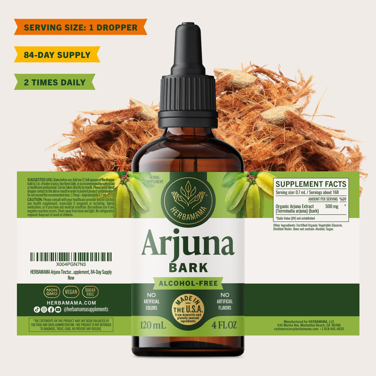 HERBAMAMA Extrait d'Ecorce d'Arjuna 281g avec des herbes sur la table