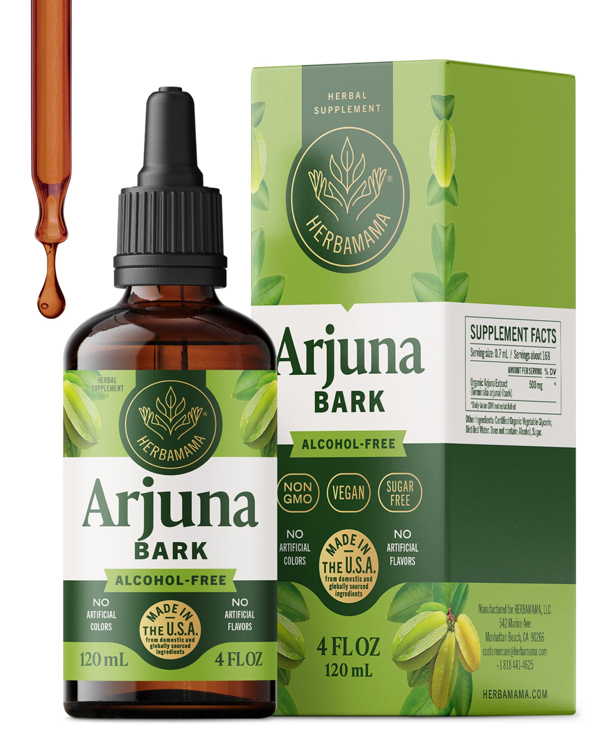 HERBAMAMA Extrait d'Ecorce d'Arjuna 281g vue avant avec compte-gouttes