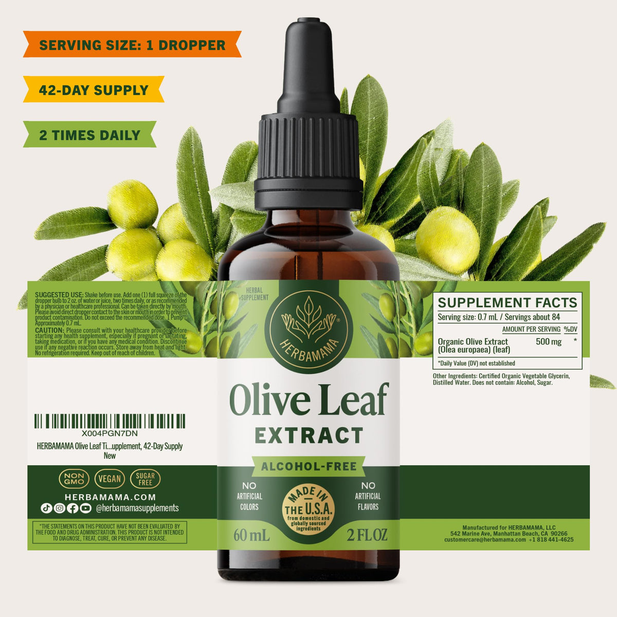 HERBAMAMA Extrait de Feuille d'Olivier 500 mg sur fond blanc