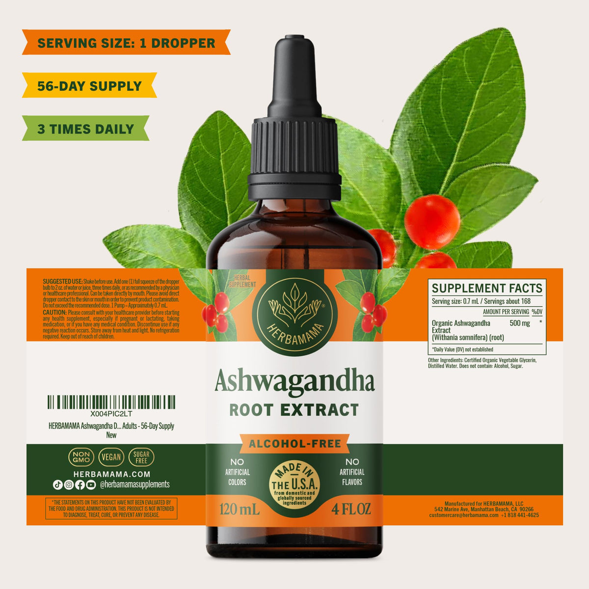 HERBAMAMA Extrait Liquide d'Ashwagandha 281g avec d'autres compléments alimentaires