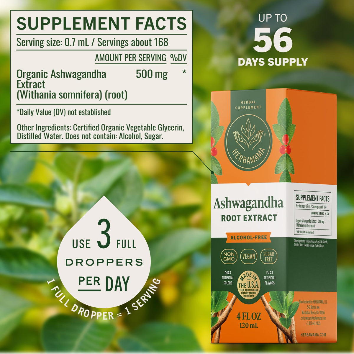 HERBAMAMA Extrait Liquide d'Ashwagandha 281g étiquette et ingrédients