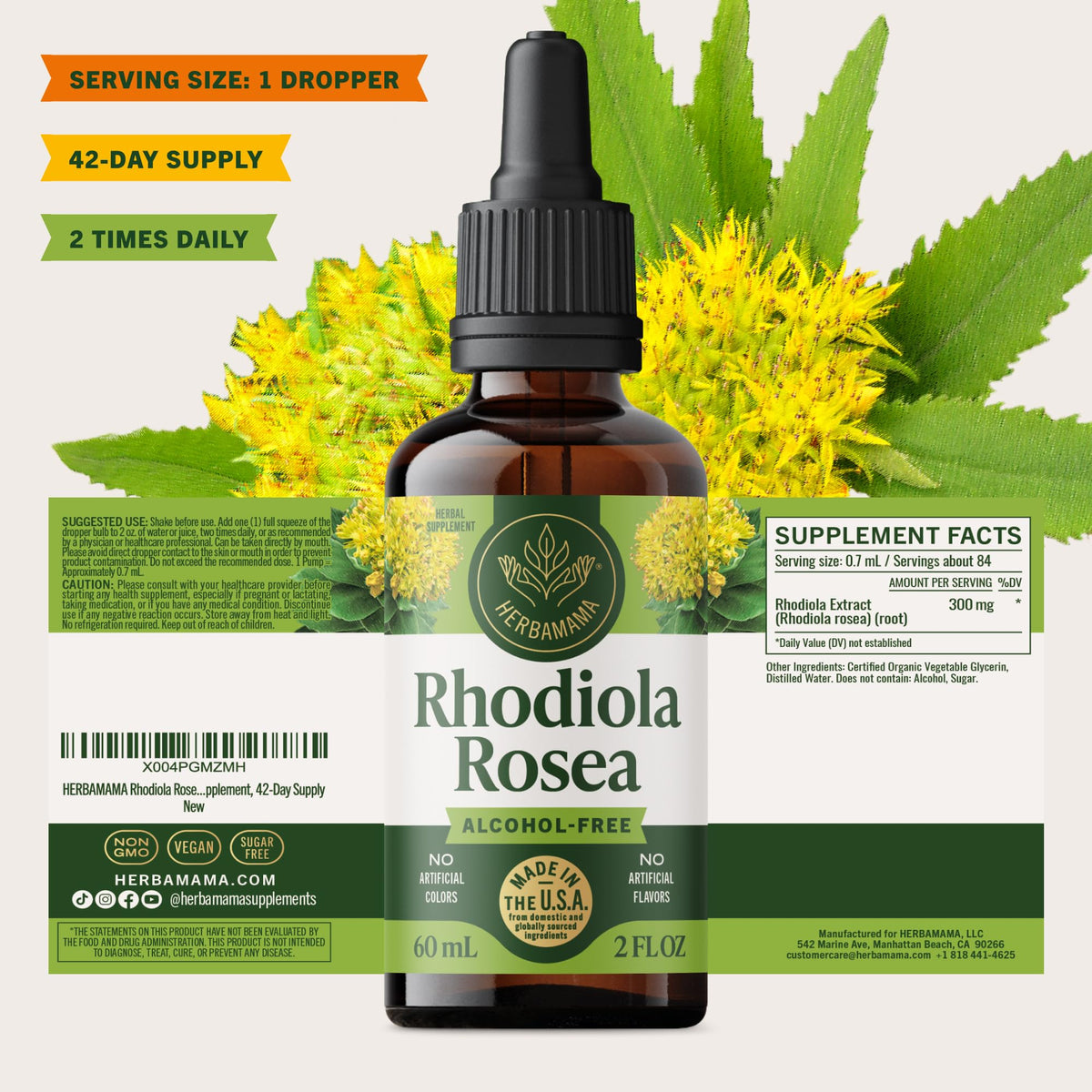 HERBAMAMA Rhodiola Rosea 150g flacon avec arrière-plan naturel