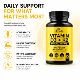 HerbaMe D3 5000 UI + K2 et Magnésium Bisglycinate capsules en gros plan