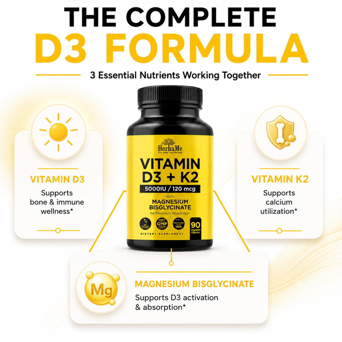 HerbaMe D3 5000 UI + K2 et Magnésium Bisglycinate capsules sur une table