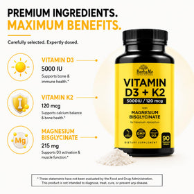 HerbaMe D3 5000 UI + K2 et Magnésium Bisglycinate étiquette détaillée
