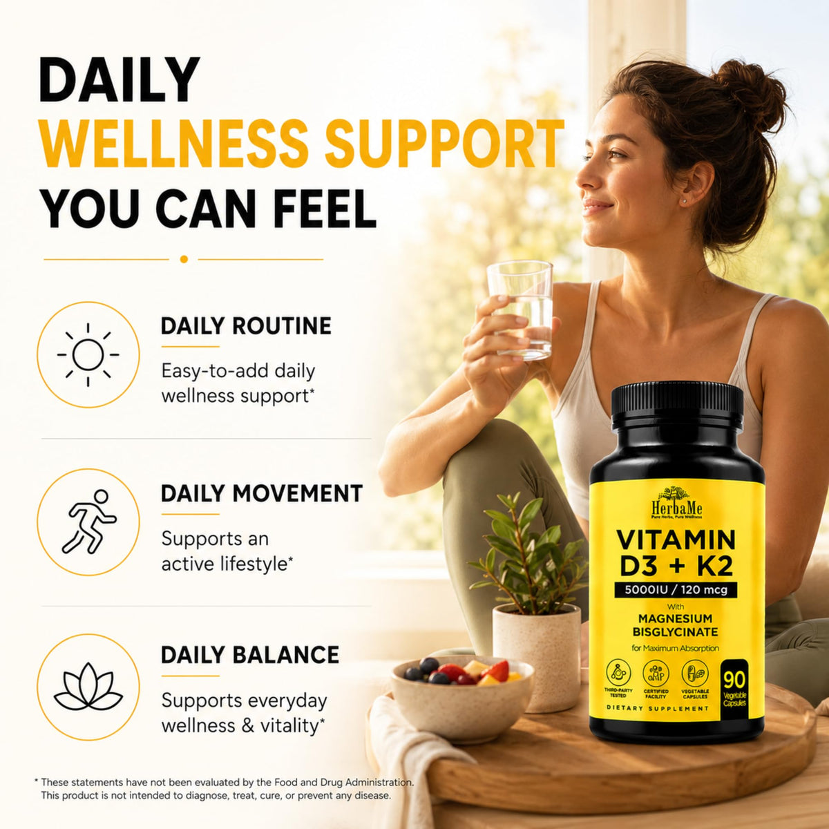 HerbaMe D3 5000 UI + K2 et Magnésium Bisglycinate flacon avec main