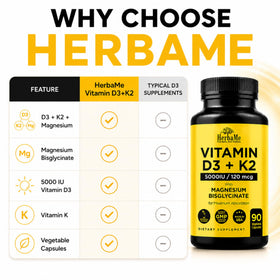 HerbaMe D3 5000 UI + K2 et Magnésium Bisglycinate flacon ouvert avec capsules
