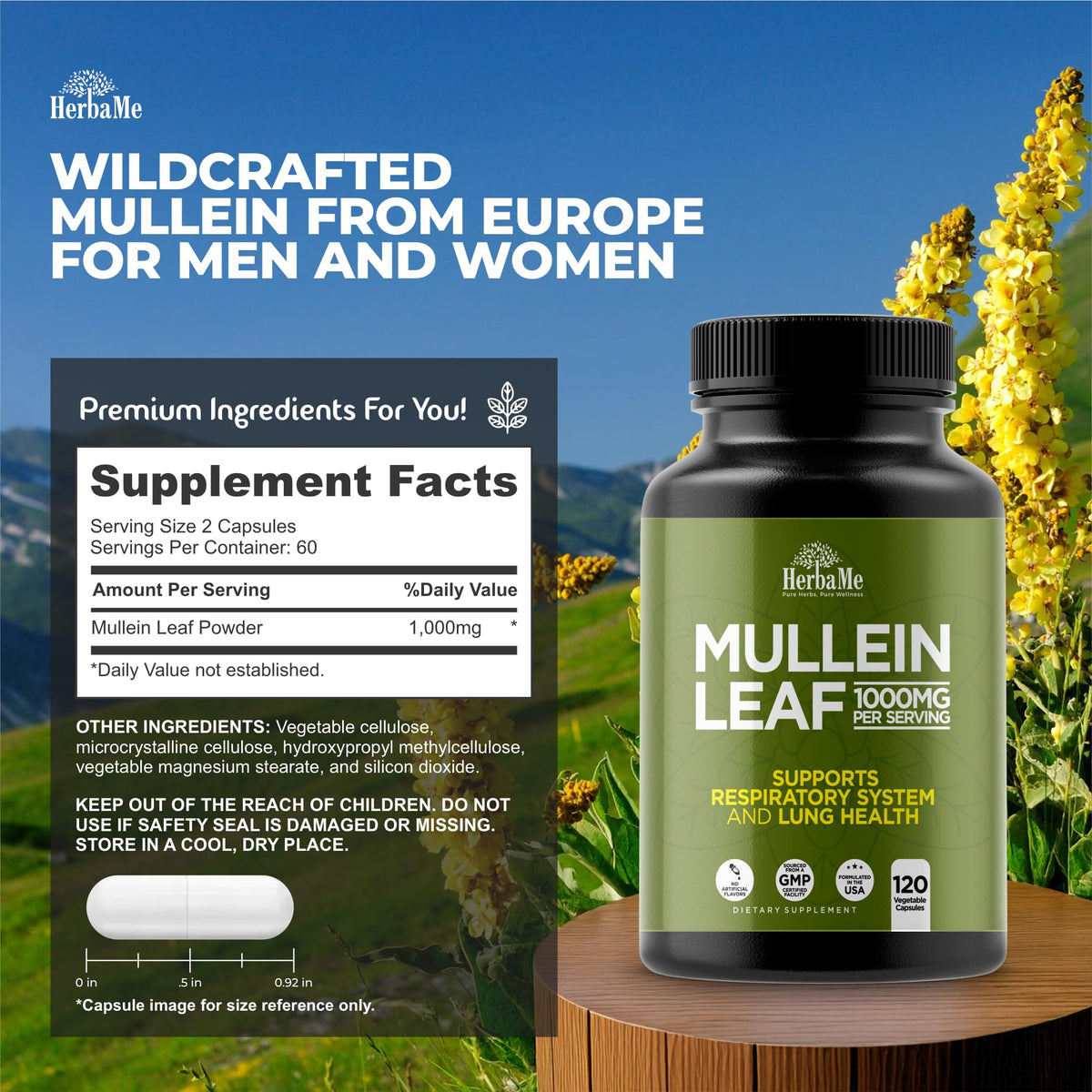 HerbaMe Mullein Leaf 1000mg capsules à l'intérieur de l'emballage