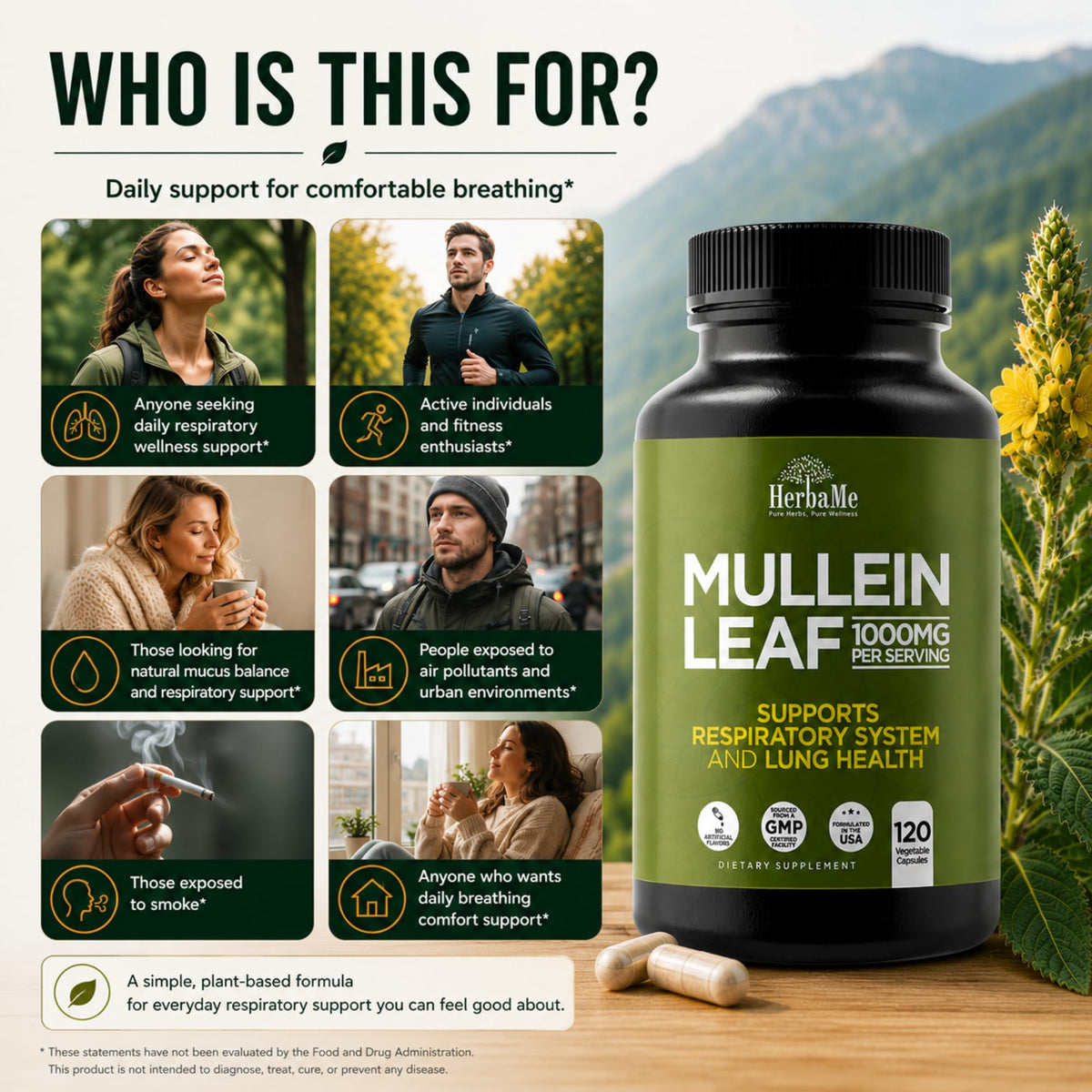 HerbaMe Mullein Leaf 1000mg capsules sur une surface blanche