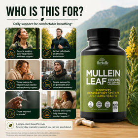 HerbaMe Mullein Leaf 1000mg capsules sur une surface blanche