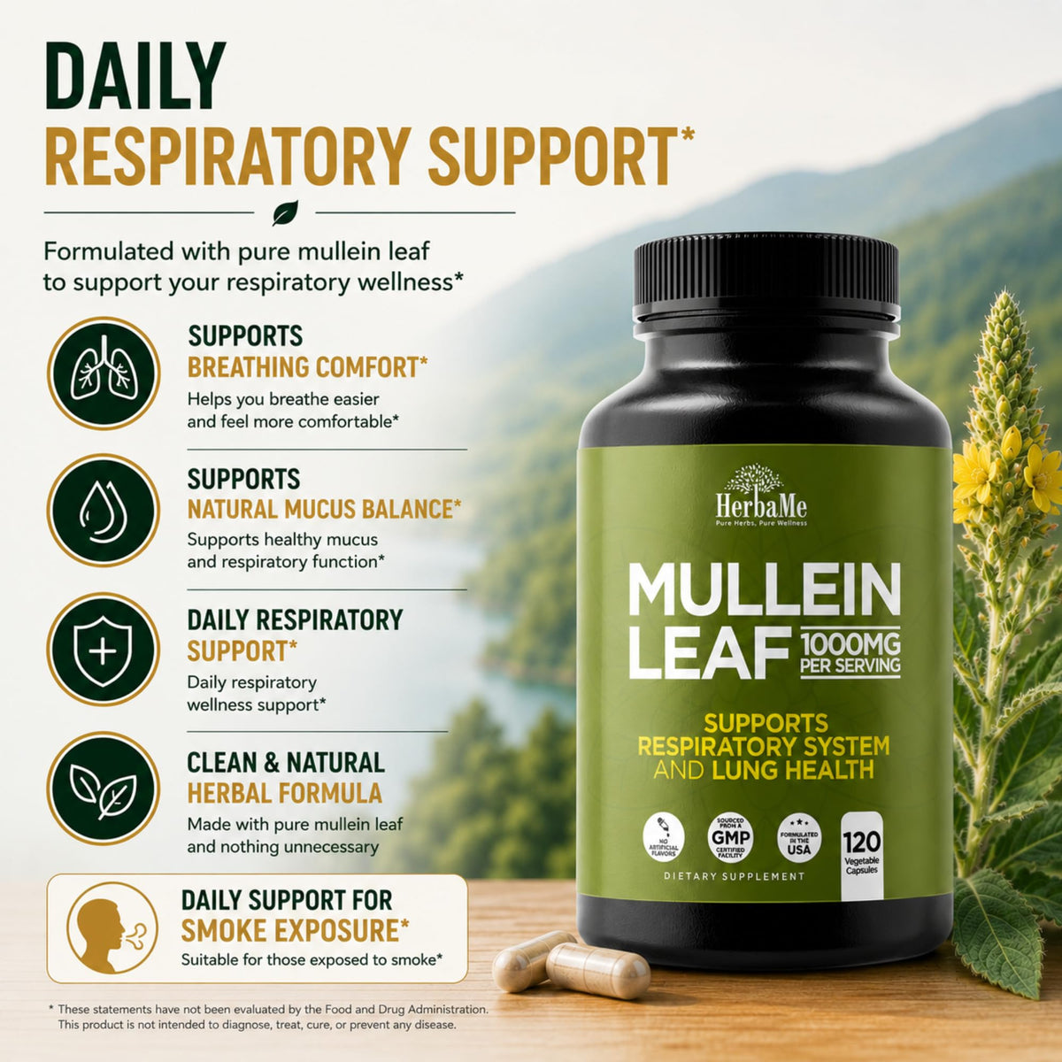 HerbaMe Mullein Leaf 1000mg côté de la boîte avec informations nutritionnelles