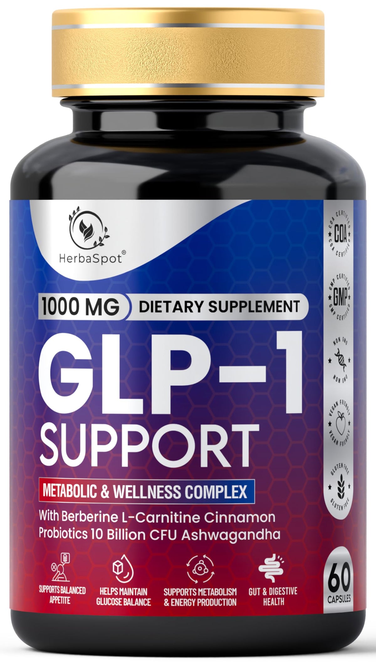HerbaSpot Complément Alimentaire 24-en-1 1000 mg Berbérine et Ashwagandha vue avant