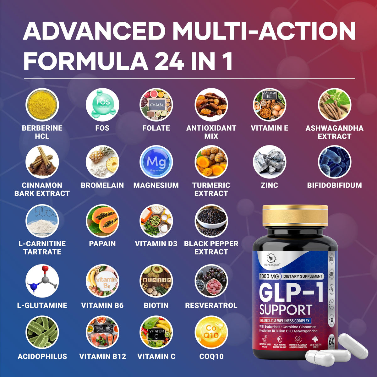 HerbaSpot Complément Alimentaire 24-en-1 1000 mg capsules