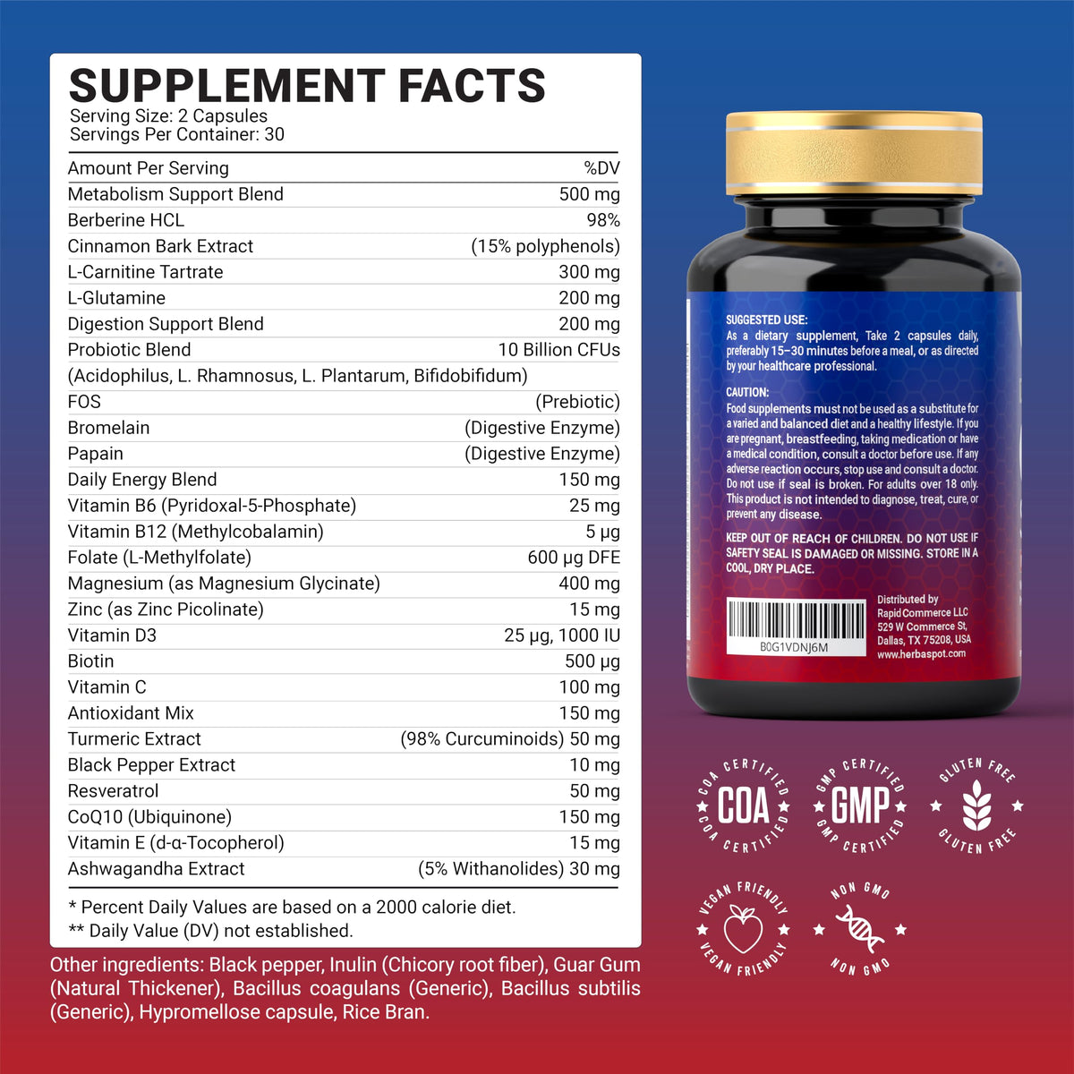 HerbaSpot Complément Alimentaire 24-en-1 1000 mg ingrédients détaillés