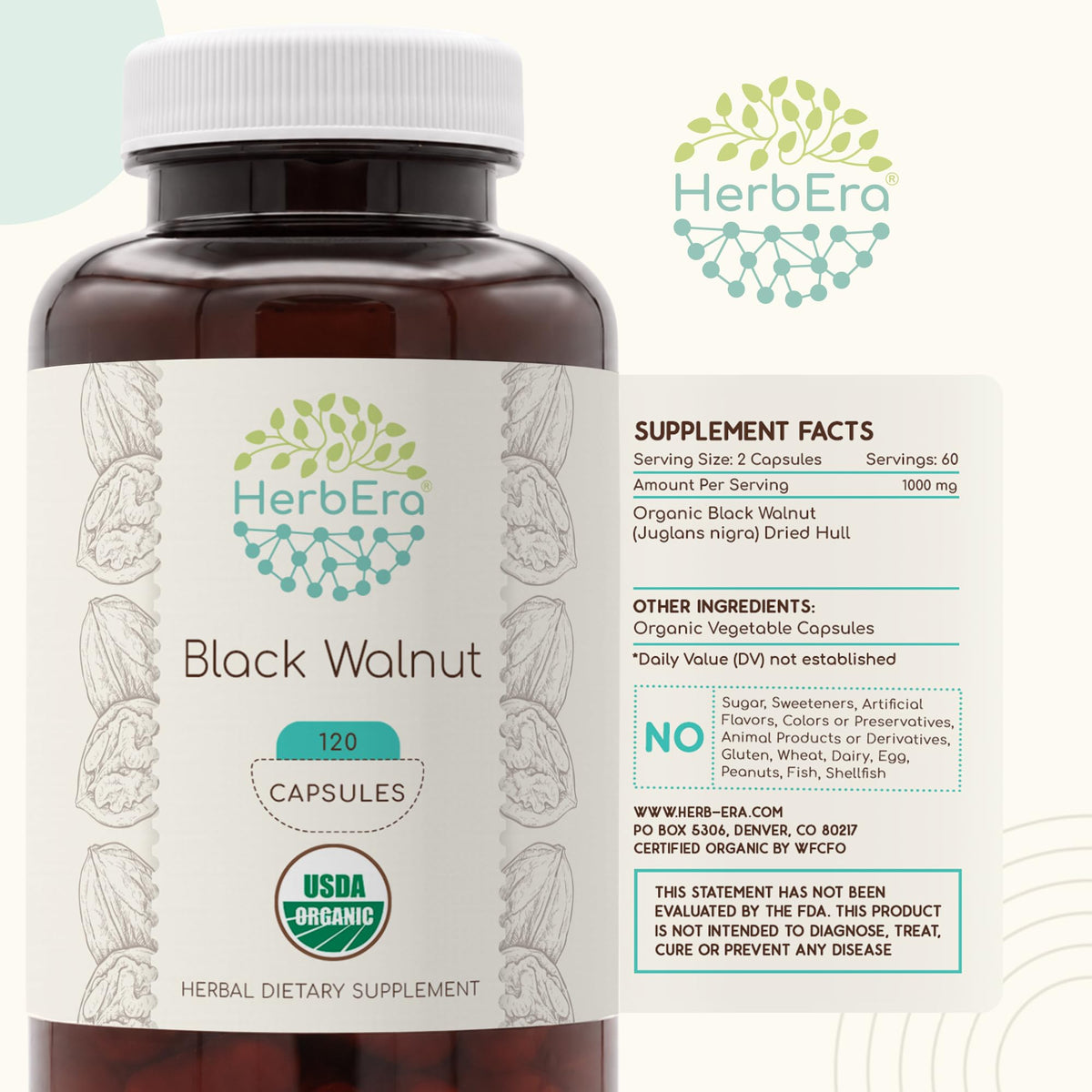 HerbEra noix noire 500 mg affichant la liste des ingrédients