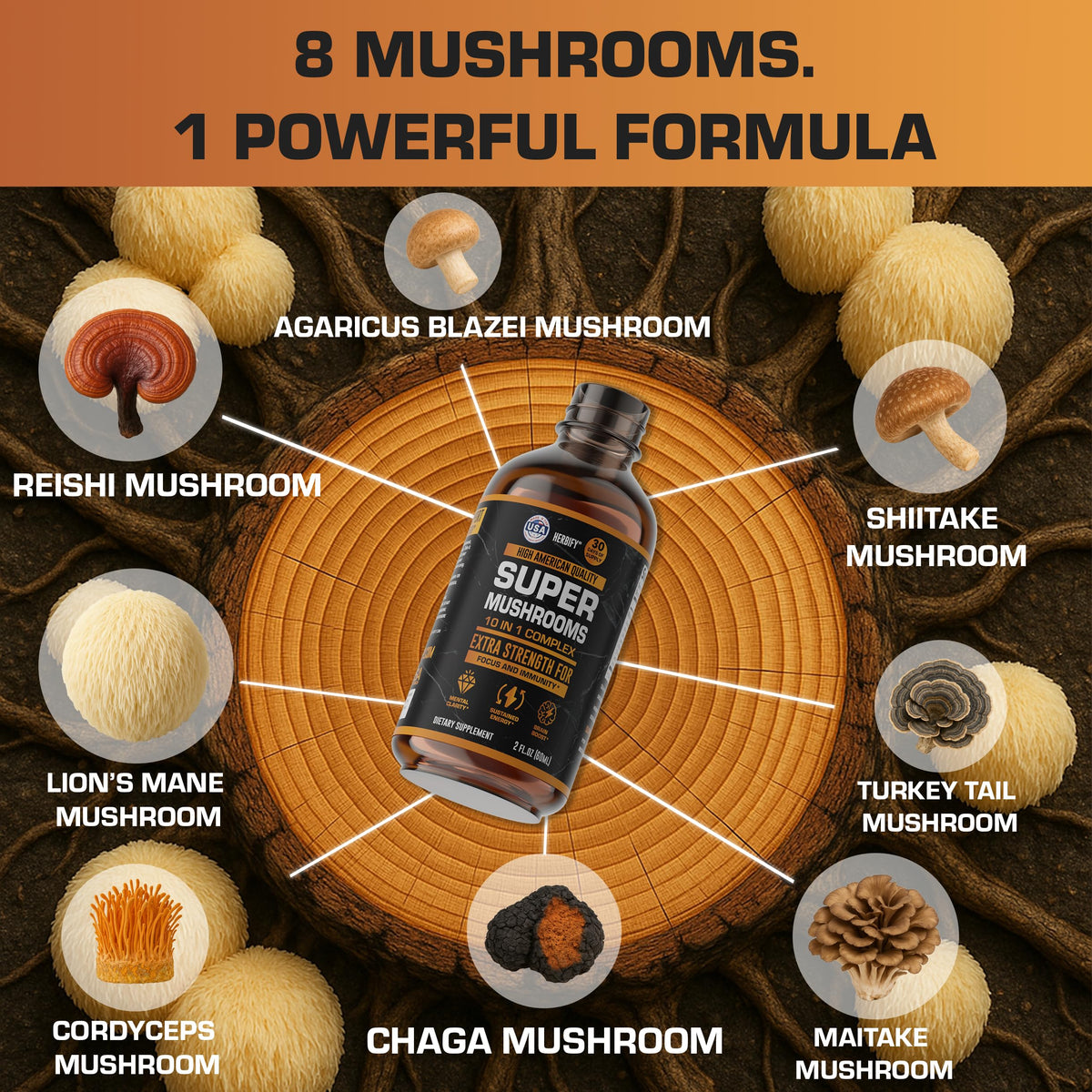 HERBIFY Complément Alimentaire Champignons bouteille vue de face