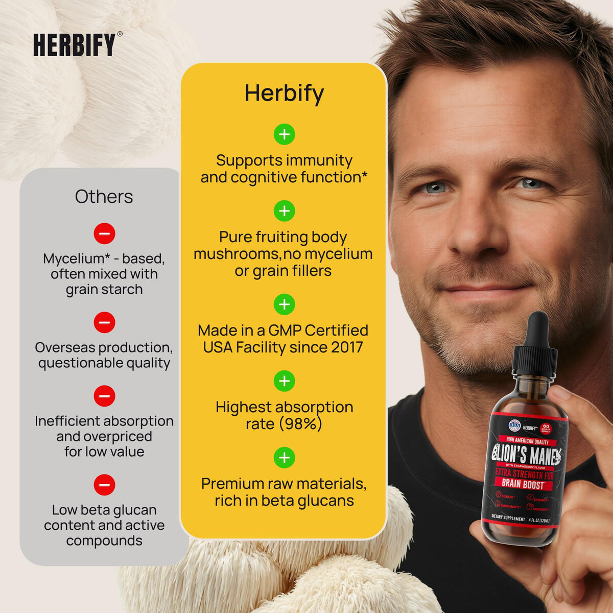 HERBIFY Complément Lion's Mane 120 ml en utilisation avec verre