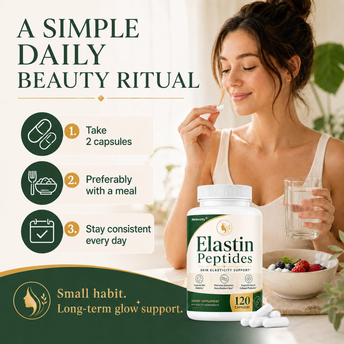Herbounty Elastine capsules sur une table en bois