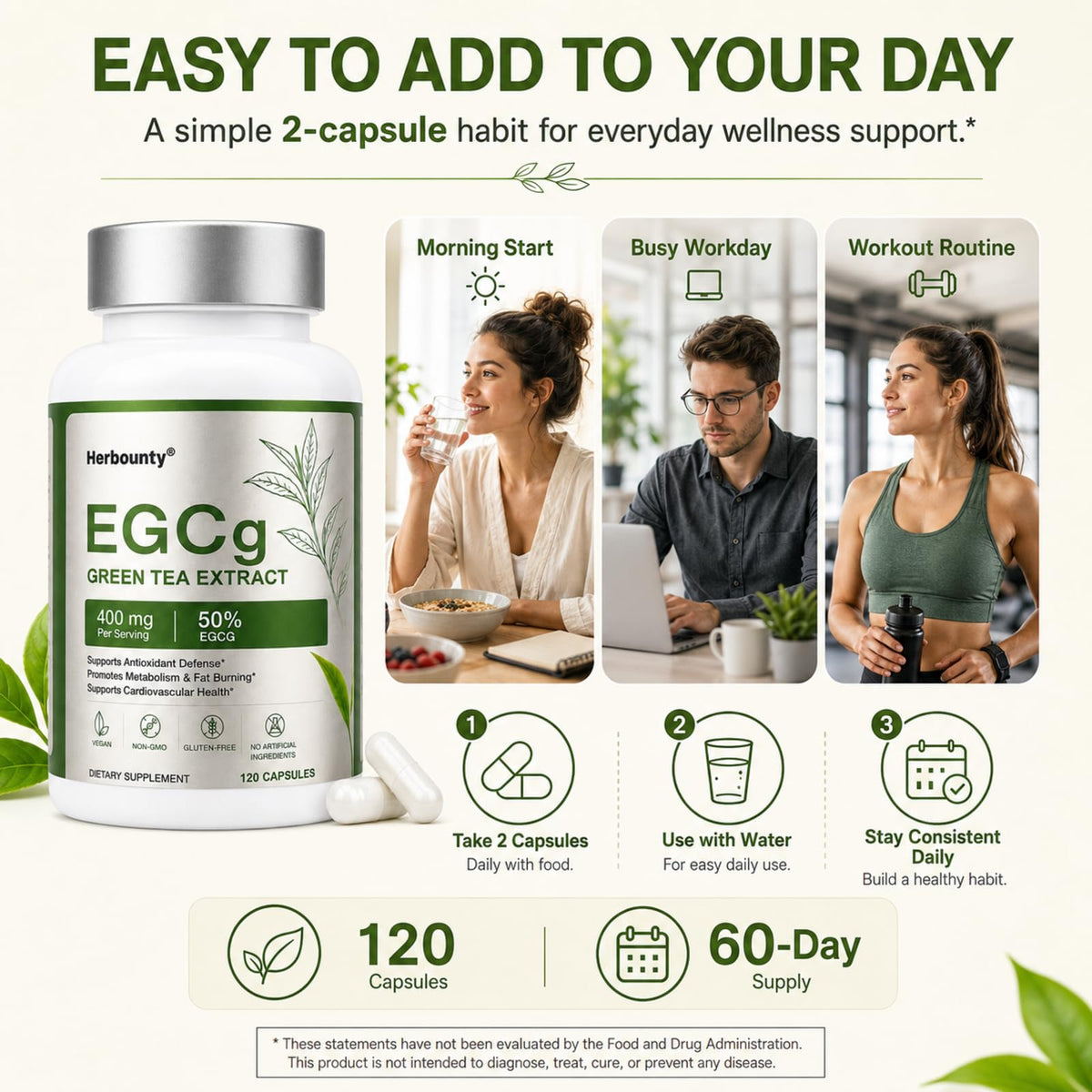 Herbounty extrait de thé vert 50% EGCG capsules sur table