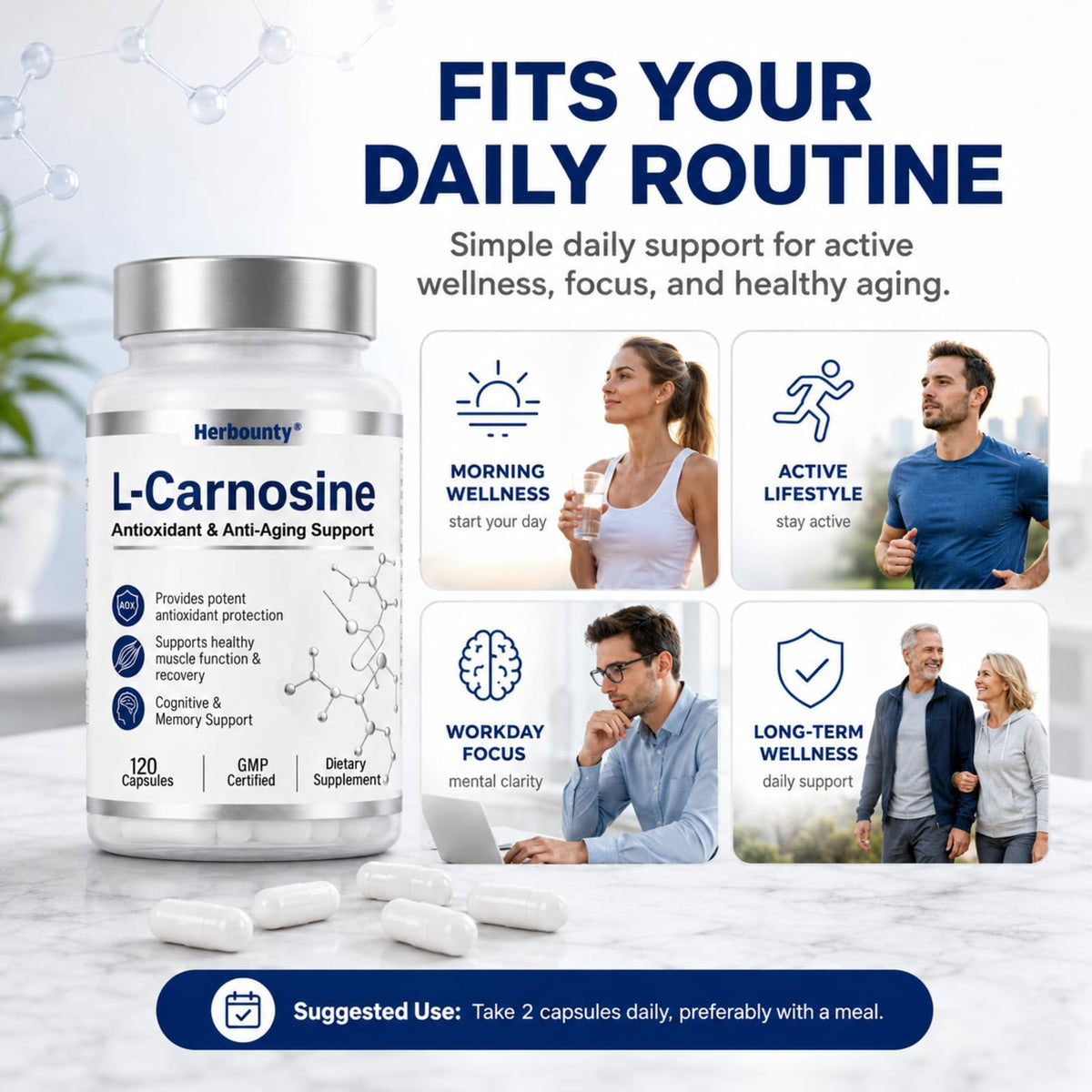 Herbounty L-Carnosine 500mg dans un cadre de vie actif