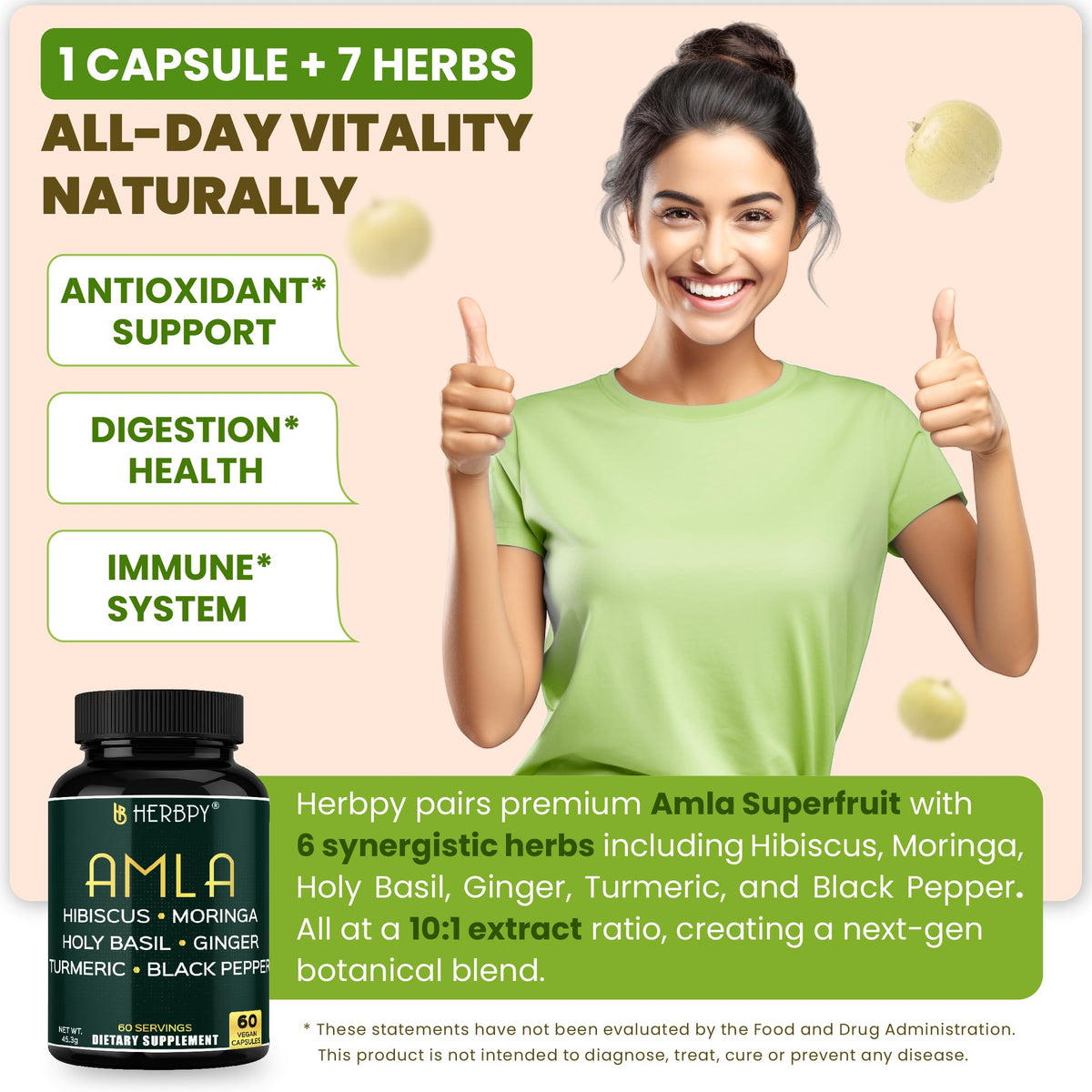 Herbpy Amla 7-en-1 capsules avec ingrédients en arrière-plan