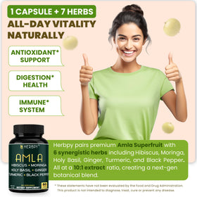 Herbpy Amla 7-en-1 capsules avec ingrédients en arrière-plan
