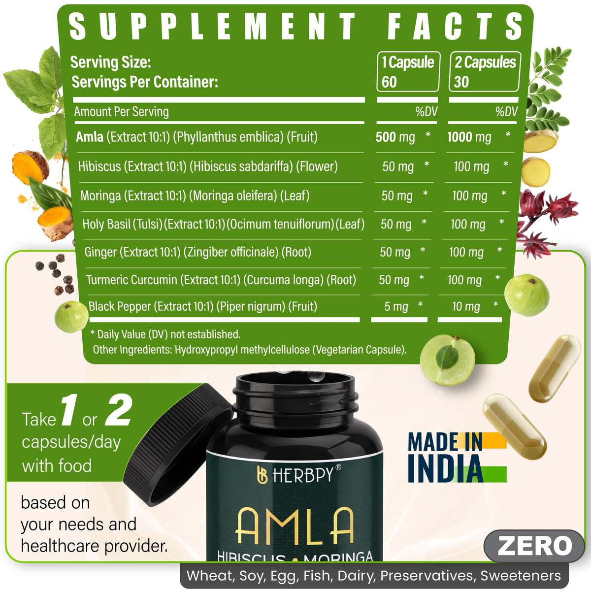 Herbpy Amla 7-en-1 capsules avec un verre d'eau