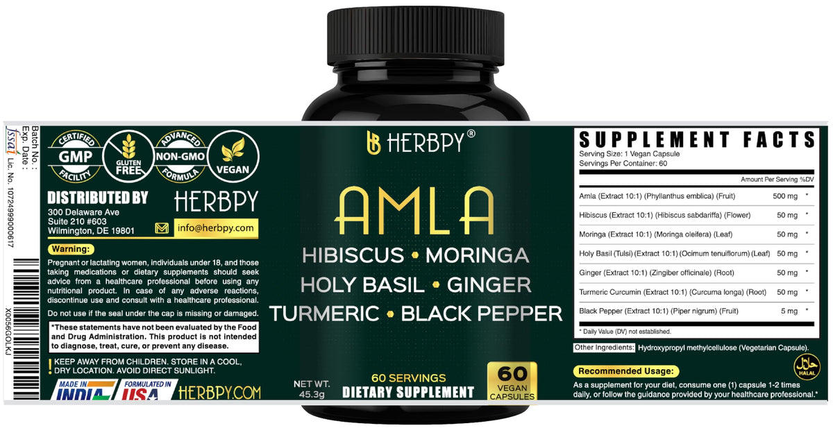 Herbpy Amla 7-en-1 capsules sur une table en bois