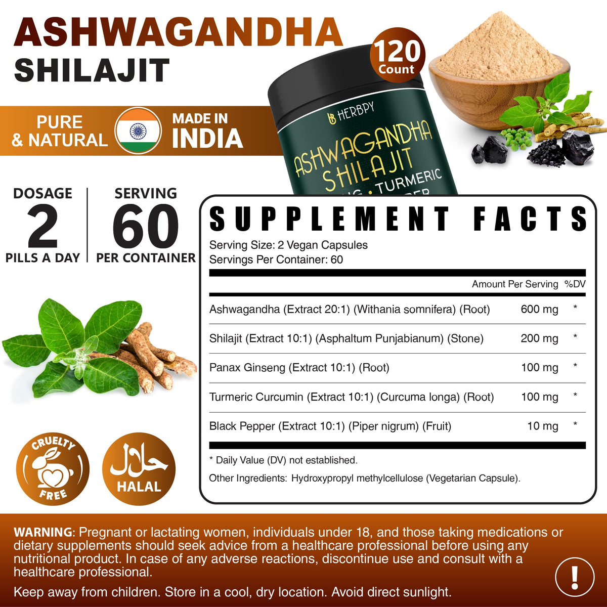 Herbpy Ashwagandha gélules et ingrédients naturels sur une surface en bois