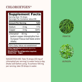 Herbs Etc. ChlorOxygen concentré de chlorophylle, étiquette détaillant les ingrédients