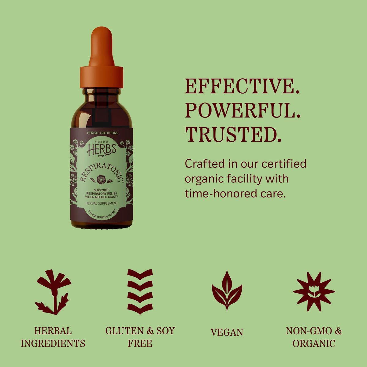 Herbs Etc. Respiratonic Extrait Liquide 60 ml, flacon avec herbes à l'arrière-plan
