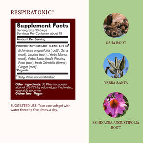 Herbs Etc. Respiratonic Extrait Liquide 60 ml, ingrédients affichés sur l'étiquette