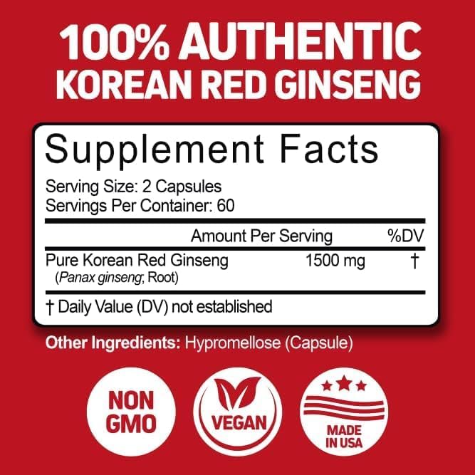 Herbtonics Ginseng Rouge Coréen 1500mg 120 Capsules Végétaliennes avec verre d'eau