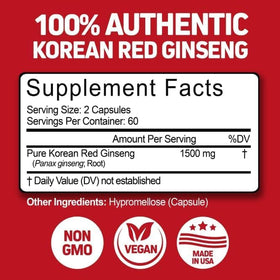 Herbtonics Ginseng Rouge Coréen 1500mg 120 Capsules Végétaliennes avec verre d'eau