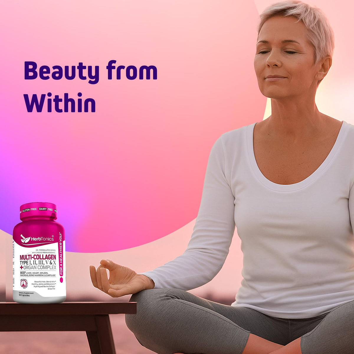 Herbtonics Multi Collagen 90 capsules, avec des ingrédients naturels en arrière-plan