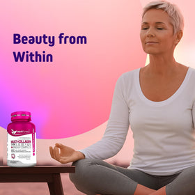 Herbtonics Multi Collagen 90 capsules, avec des ingrédients naturels en arrière-plan