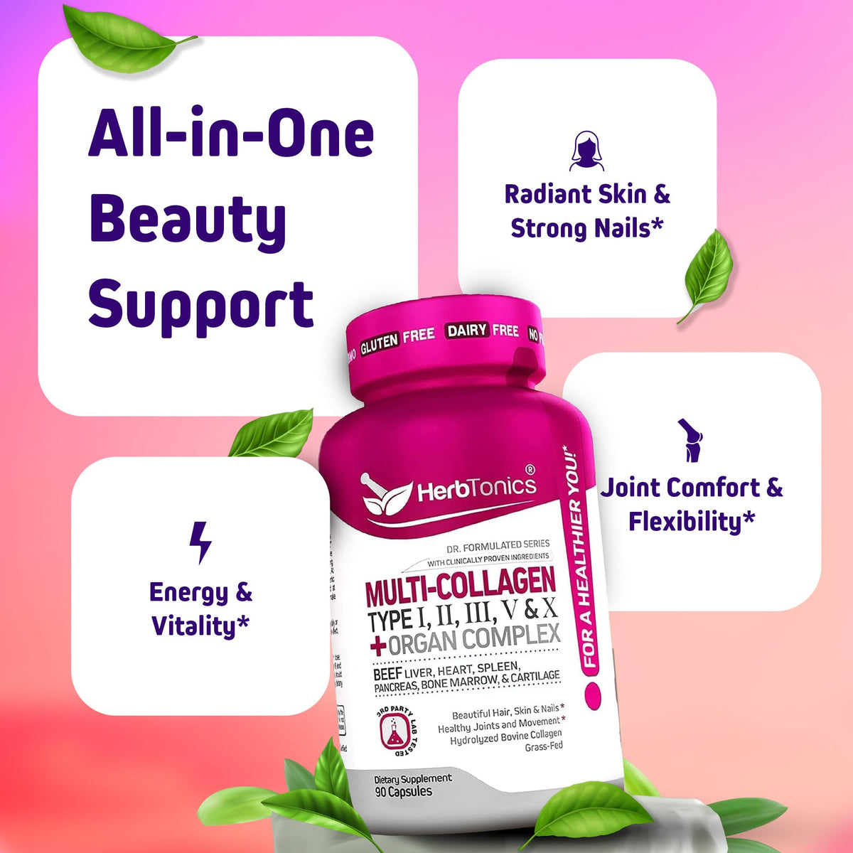 Herbtonics Multi Collagen 90 capsules, côté montrant le bouchon
