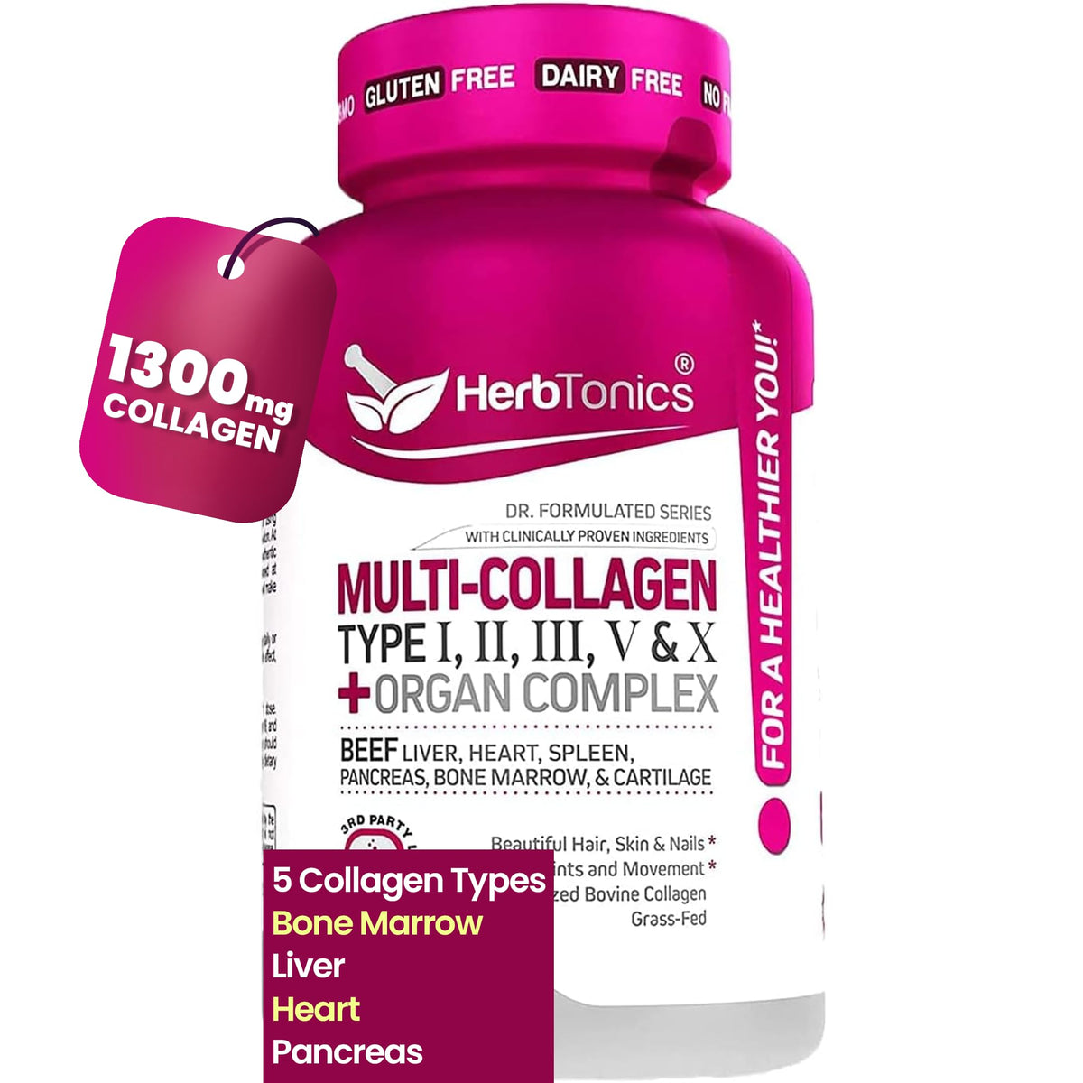 Herbtonics Multi Collagen 90 capsules, vue avant avec étiquette