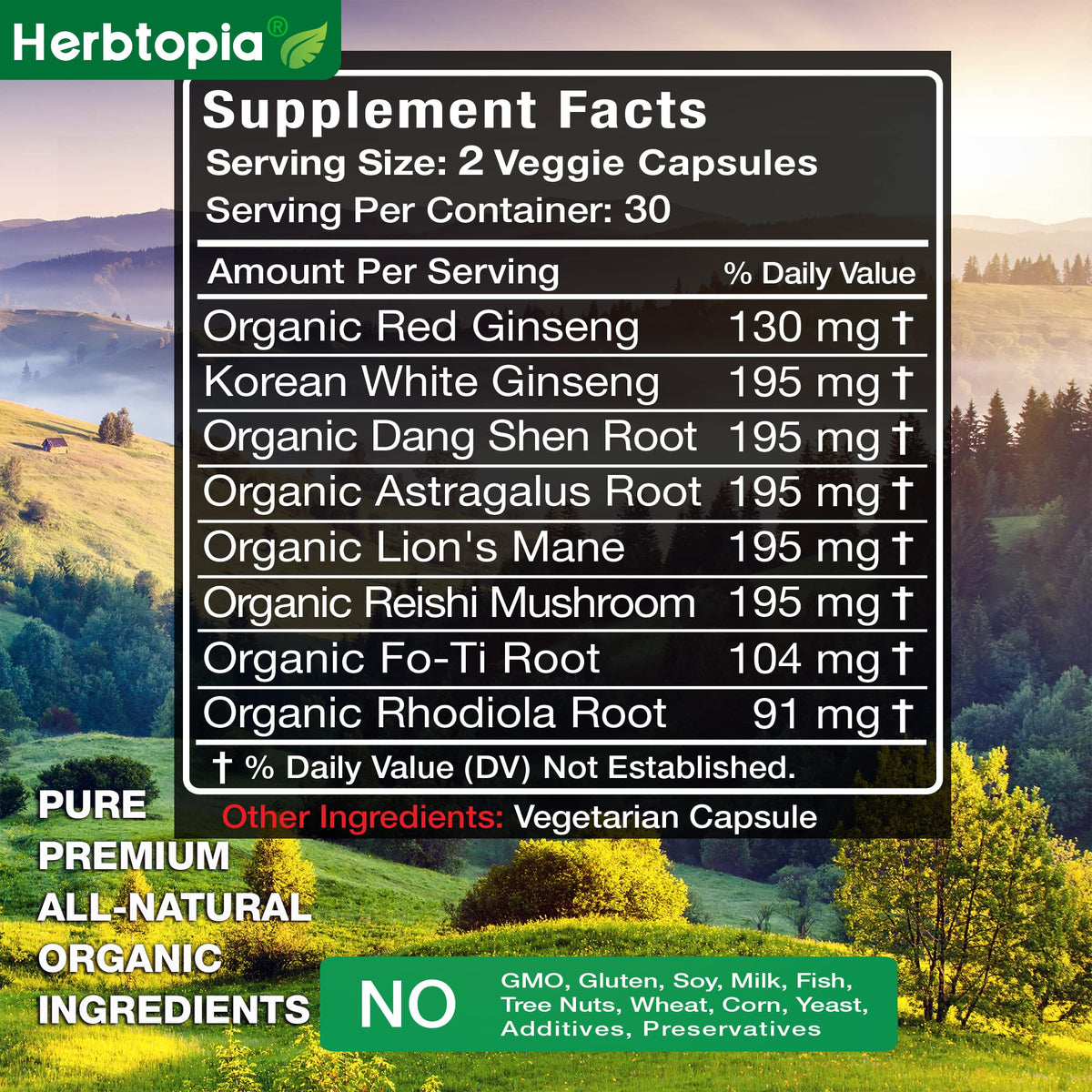 Herbtopia Complément Alimentaire Adaptogène gélules sur une table en bois