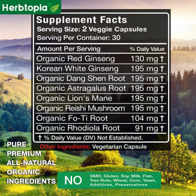 Herbtopia Complément Alimentaire Adaptogène gélules sur une table en bois