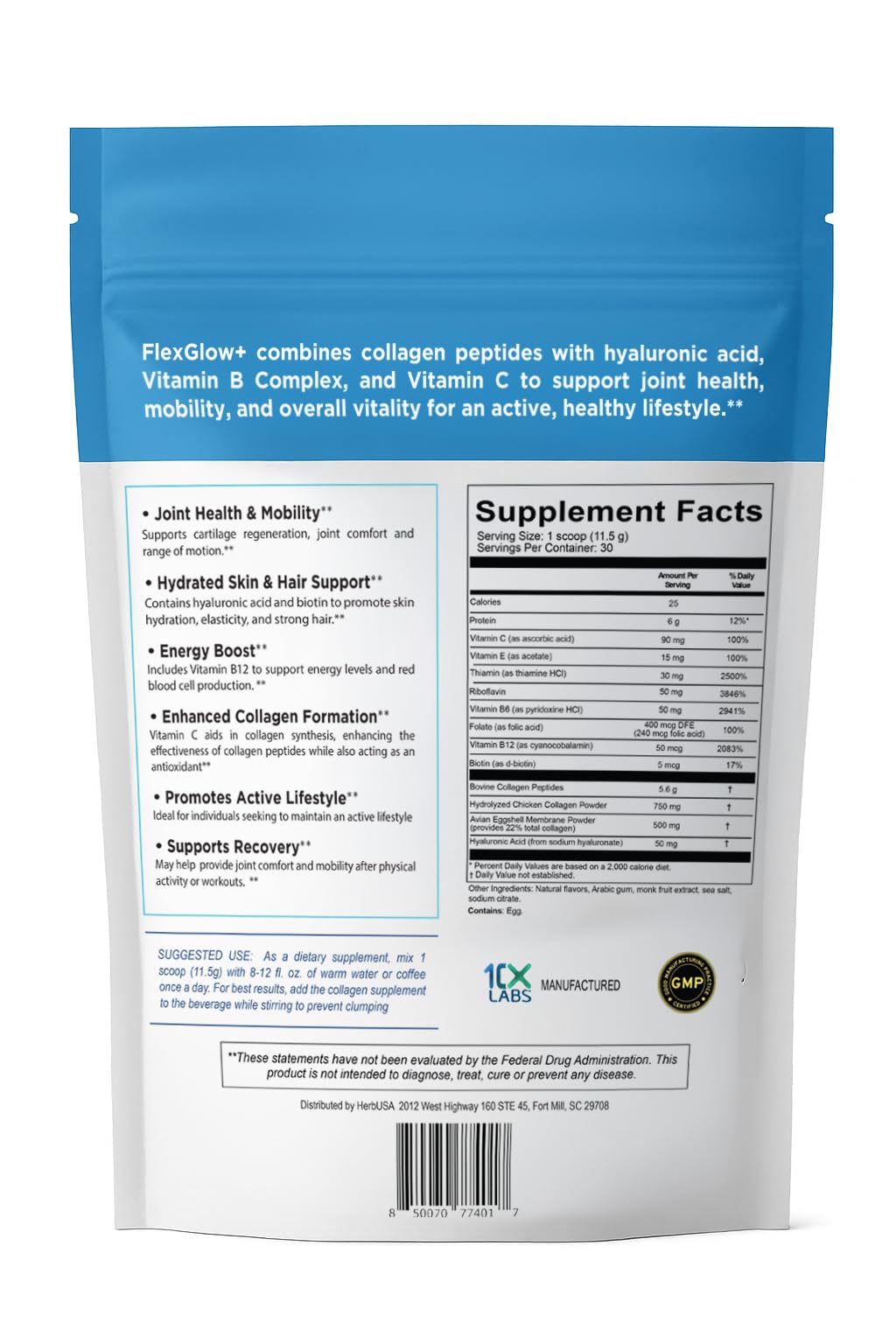 HerbUSA FlexGlow+ Peptides de Collagène 6 900mg mélange dans un smoothie